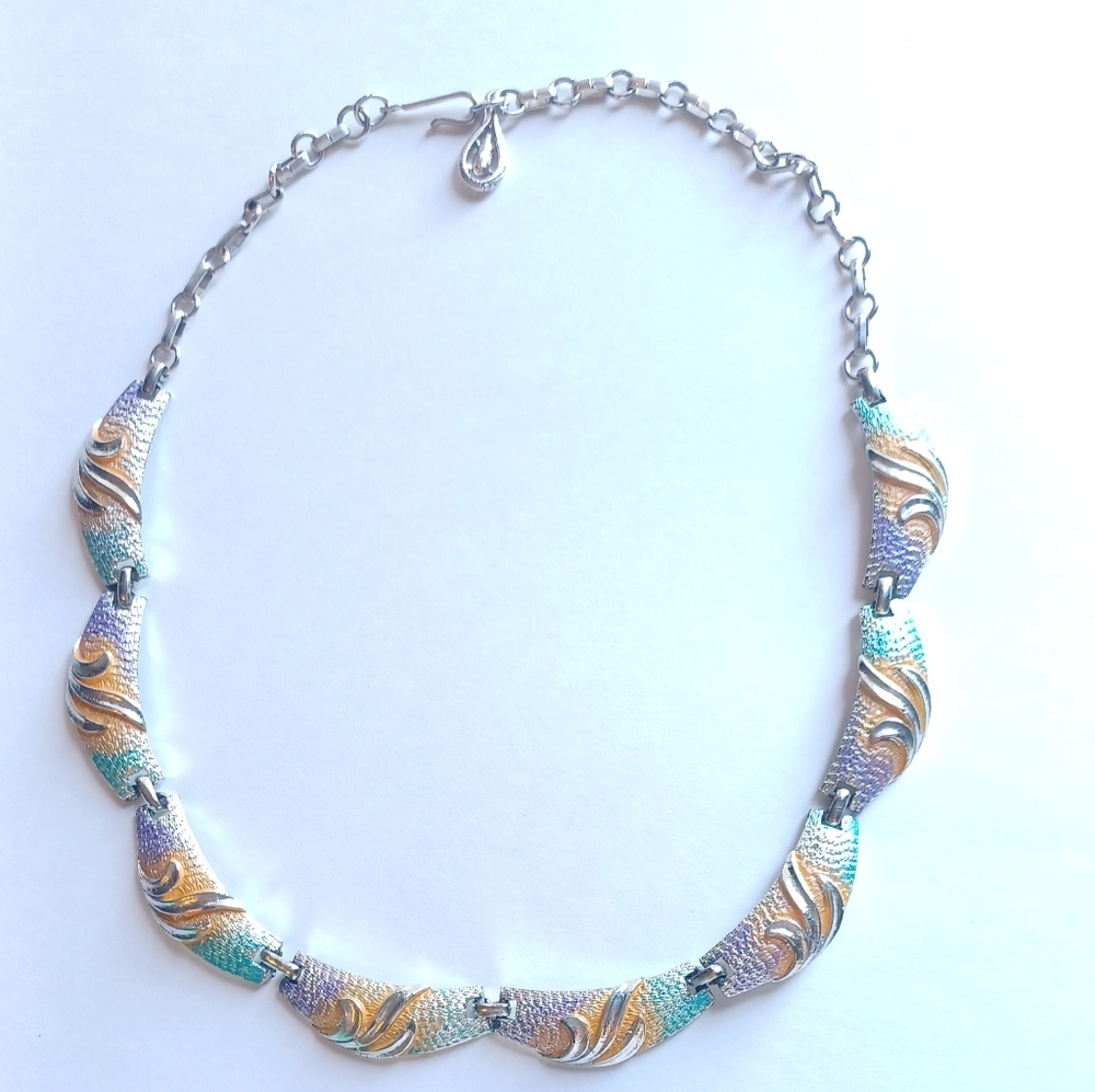 Coro Midcentury Handpainted Silver Tone Choker Collar Necklace Signed